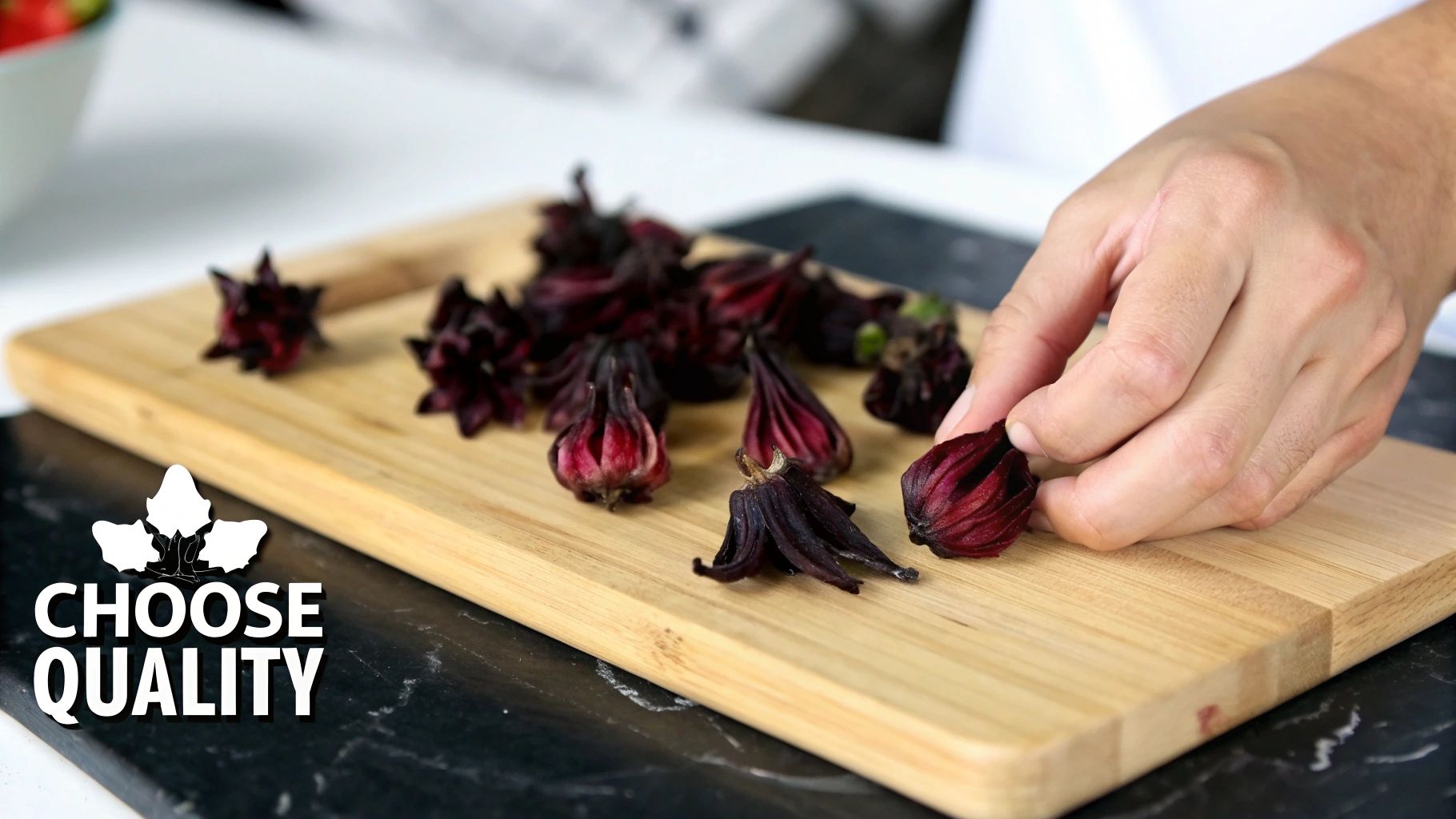Hand arranging deep burgundy dried hibiscus flowers on wooden cutting board promoting quality ingredients