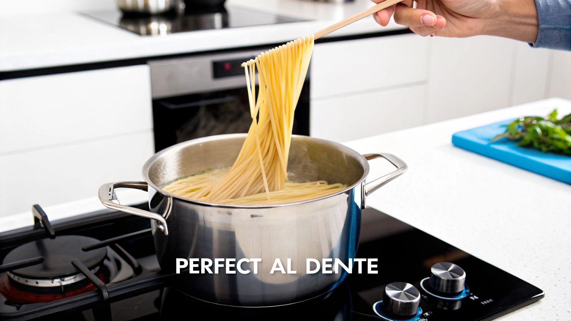 A hand uses chopsticks to lift spaghetti from a pot on a stove, showing perfect al dente pasta.