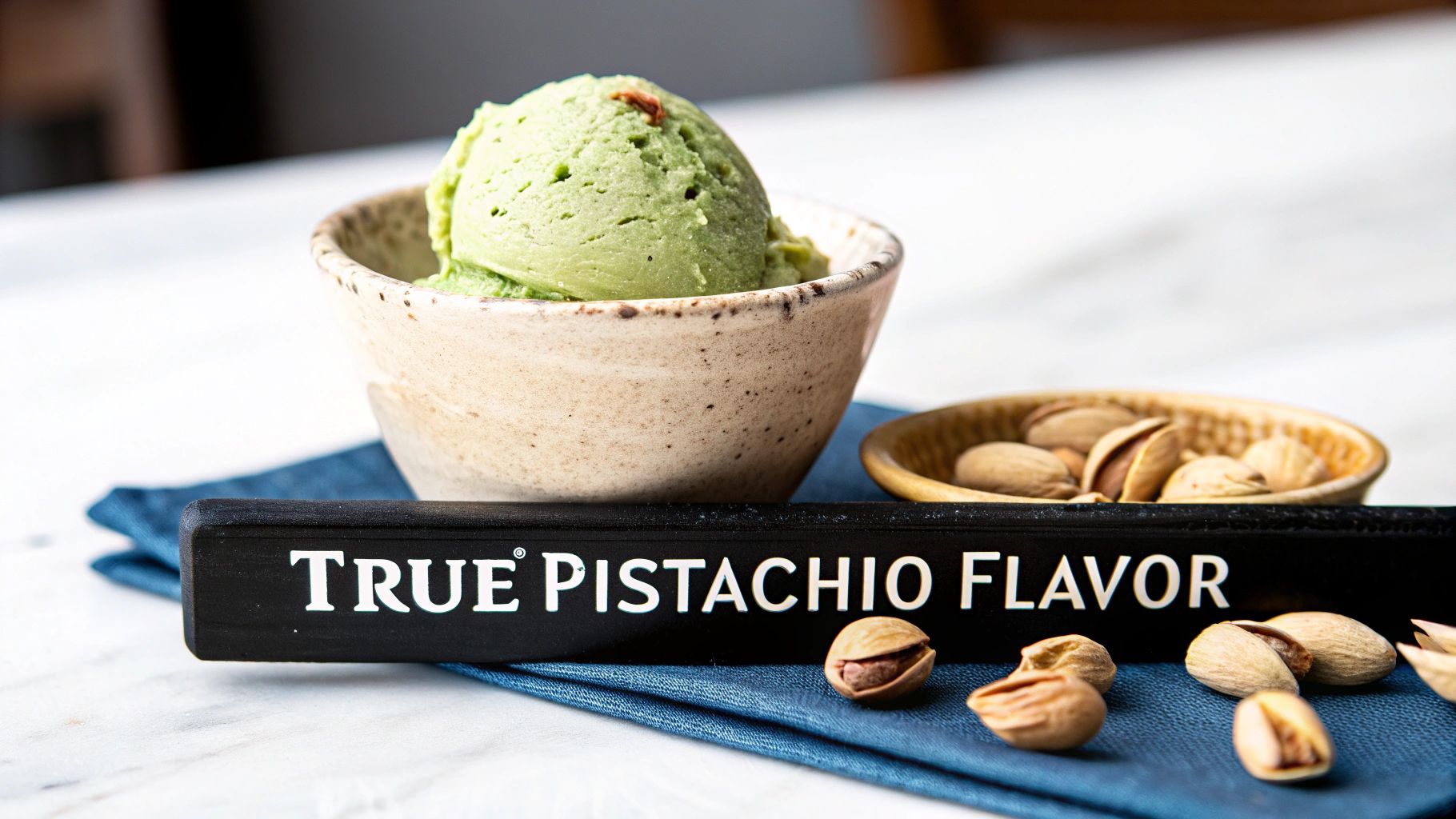 A scoop of green pistachio ice cream in a speckled bowl with pistachios and a 'TRUE PISTACHIO FLAVOR' sign.
