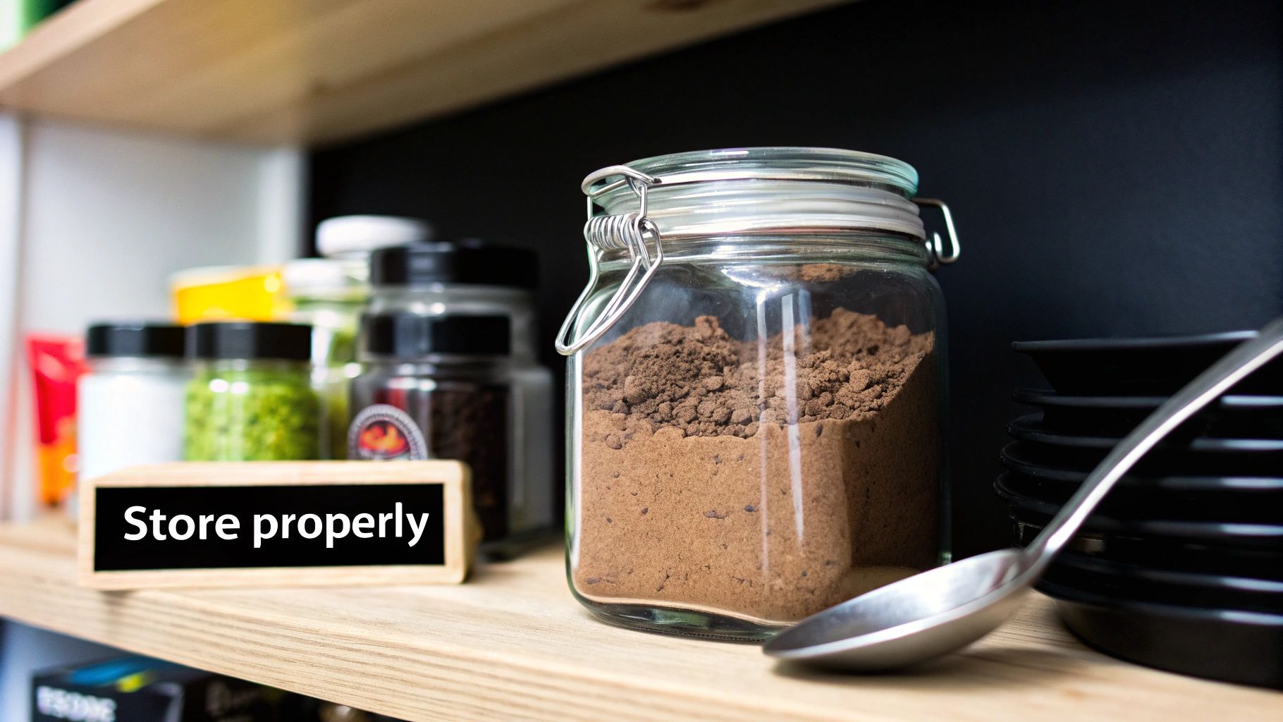 A glass jar filled with dark chocolate powder sits on a wooden shelf next to a spoon, with other spices in the background.