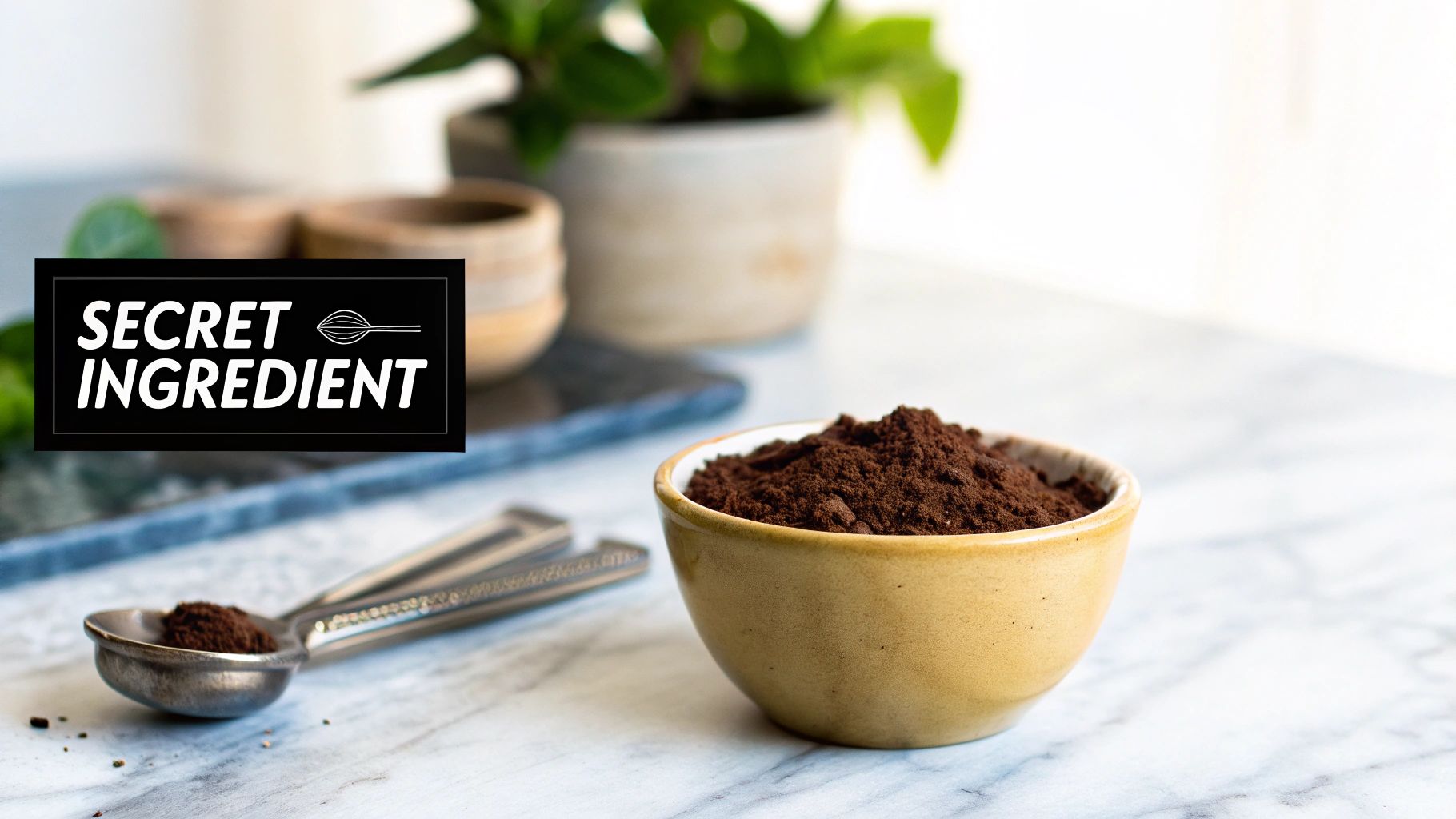 A small bowl and measuring spoon filled with dark chocolate powder on a white marble counter. A 'Secret Ingredient' logo is visible.