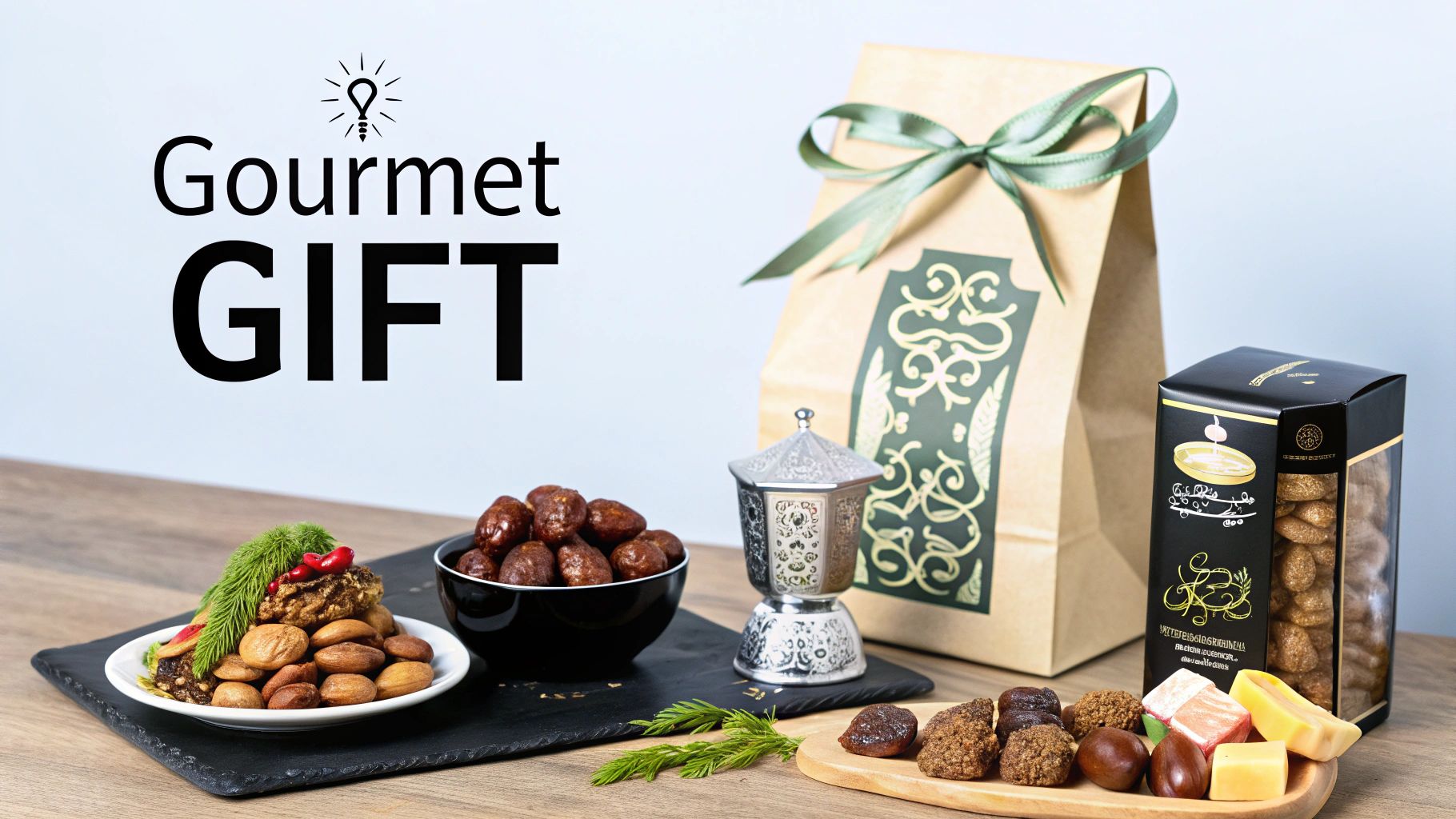 An elegant display of gourmet dates, nuts, and traditional sweets with gift packaging.