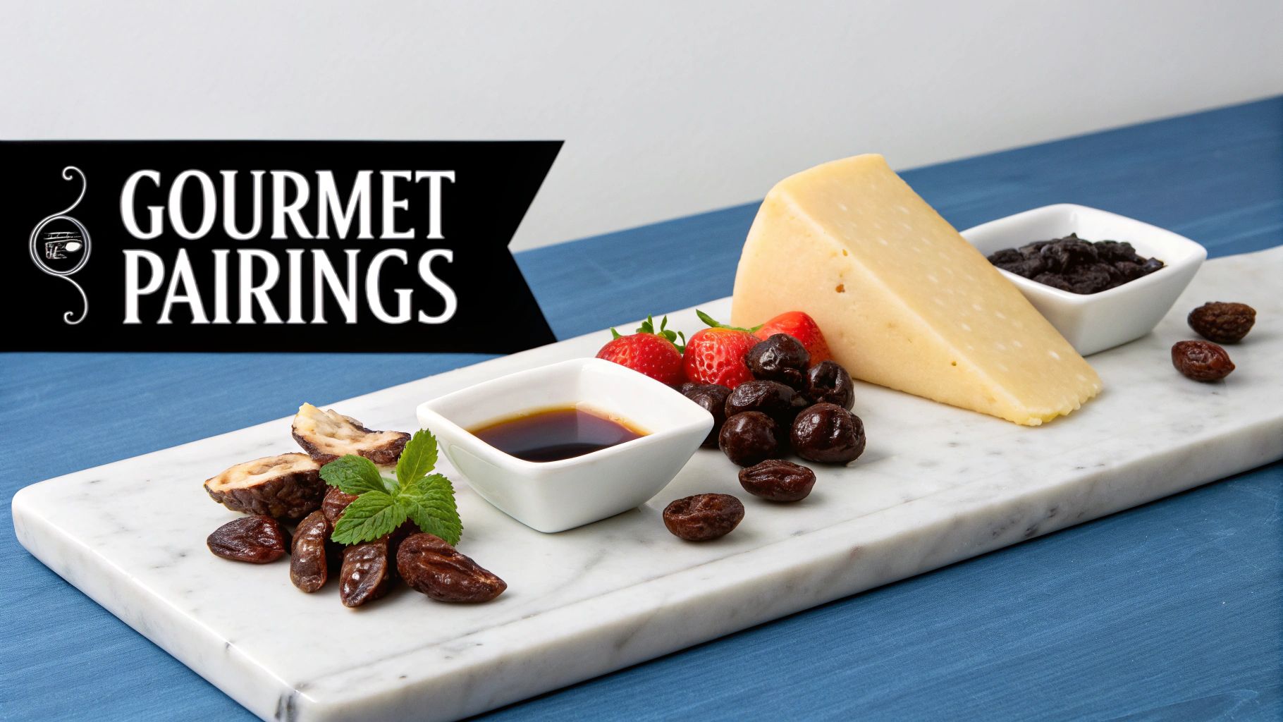 A gourmet cheese board with dates, strawberries, and sauces, perfect for elegant food pairings.