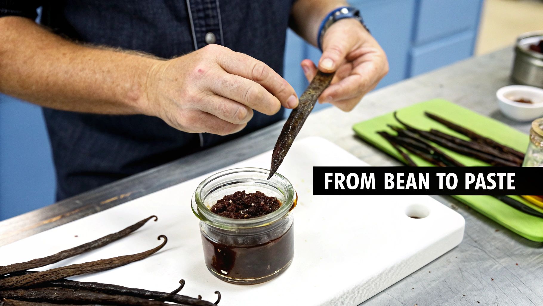 A person scrapes a vanilla bean into a jar, creating rich, dark vanilla bean paste.