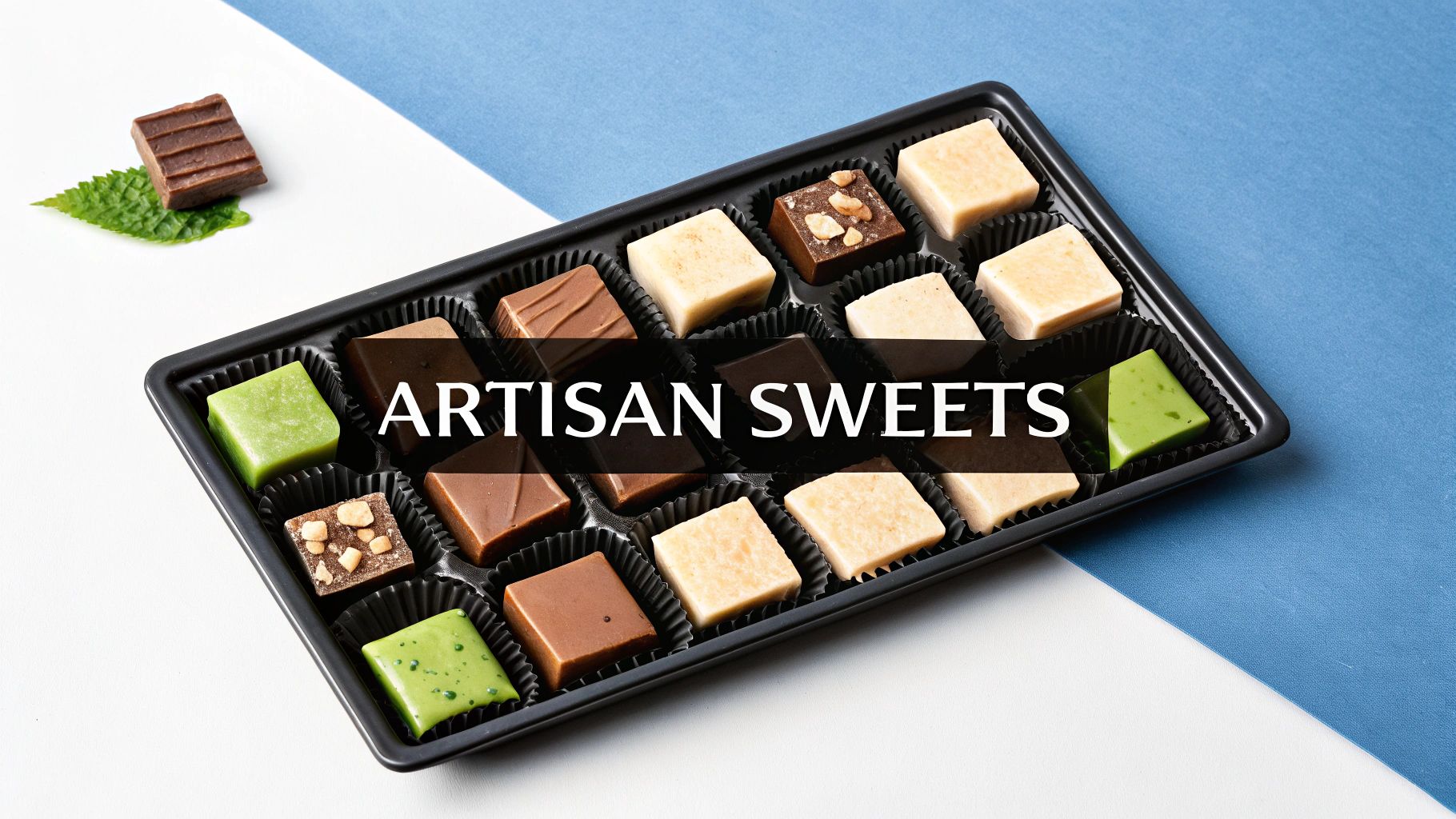 Artisan sweets assortment featuring chocolate and candy pieces in various flavors on black tray