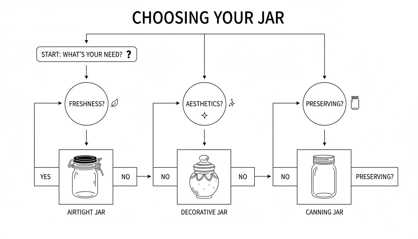 A flowchart guides users to choose a jar based on needs like freshness, aesthetics, or preserving.