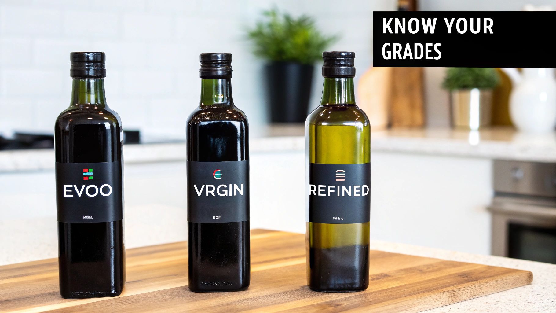 Different grades of olive oil in bottles
