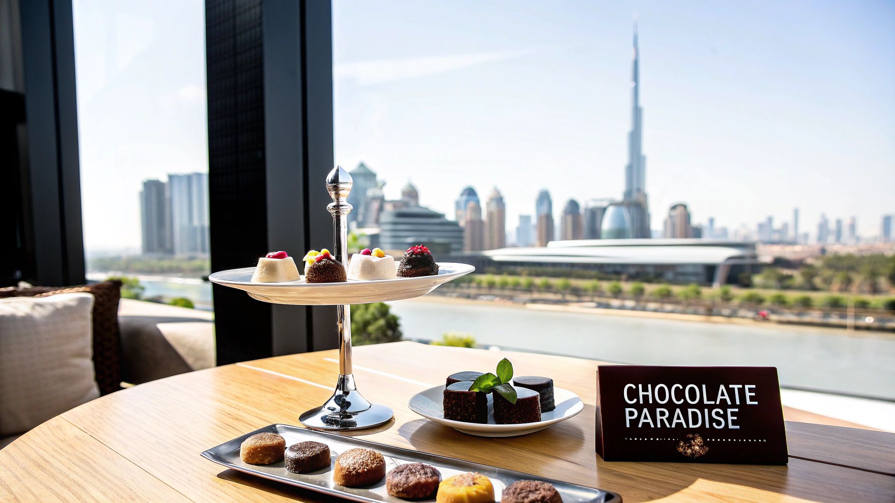 Gourmet chocolate treats and desserts with a stunning view of Dubai's skyline and the Burj Khalifa.
