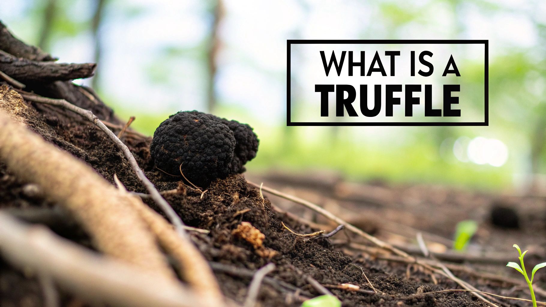Two bumpy black truffles partially buried in dark soil with roots, with text asking 'WHAT IS A TRUFFLE'.