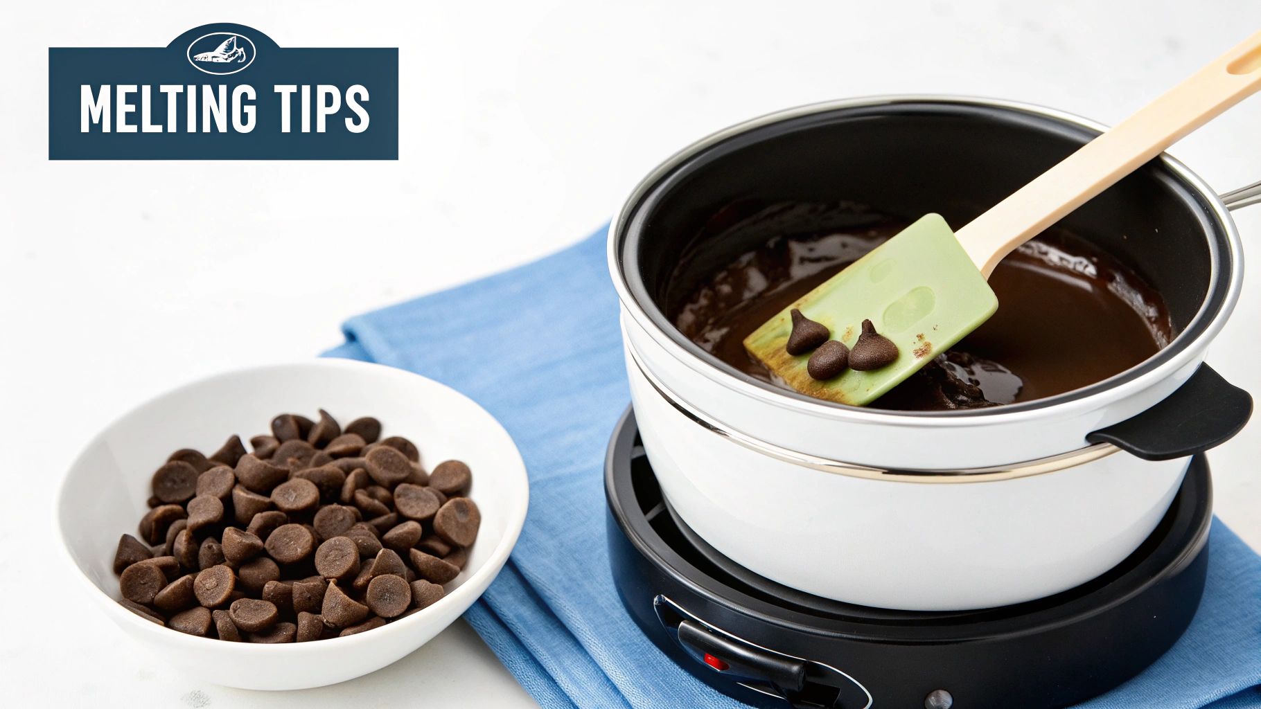 A baker melting dark chocolate chips in a double boiler.