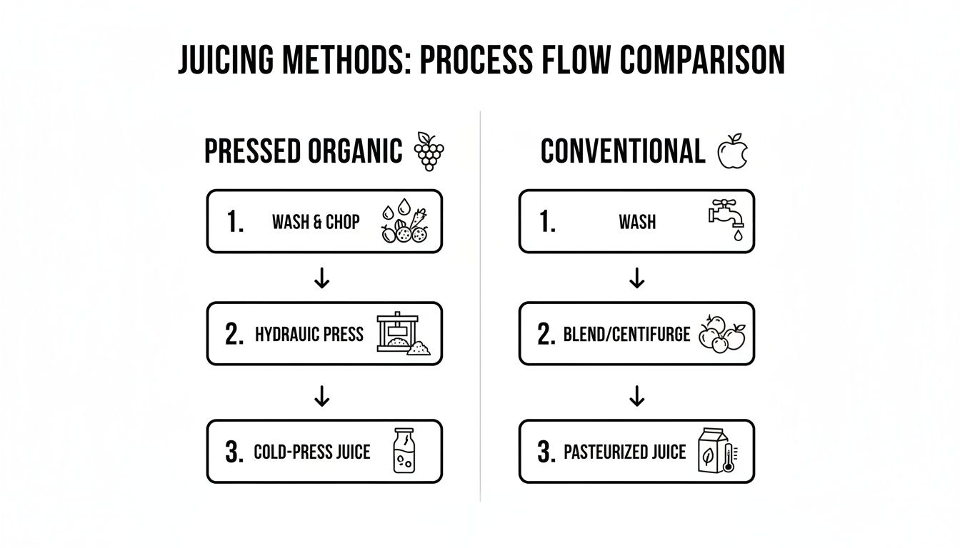 A diagram comparing the process flow of Pressed Organic juicing versus Conventional juicing methods.