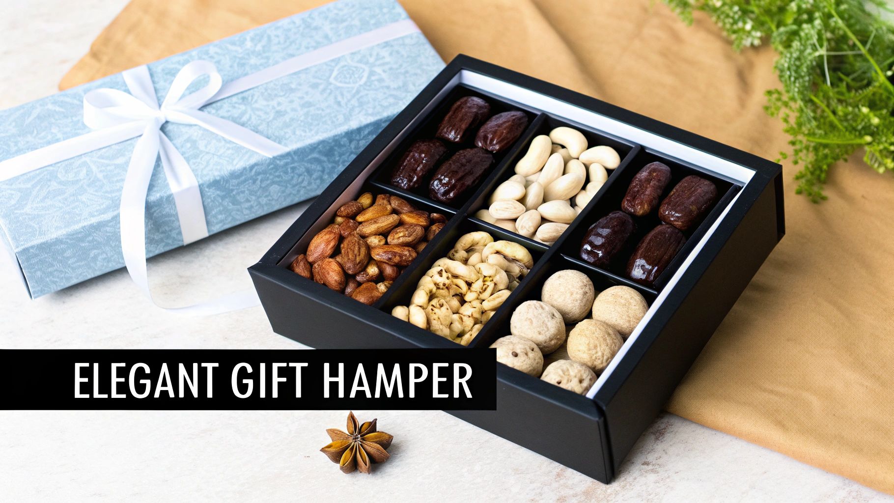 Elegant gift hamper with a black box filled with dates, almonds, cashews, and other dry fruits.