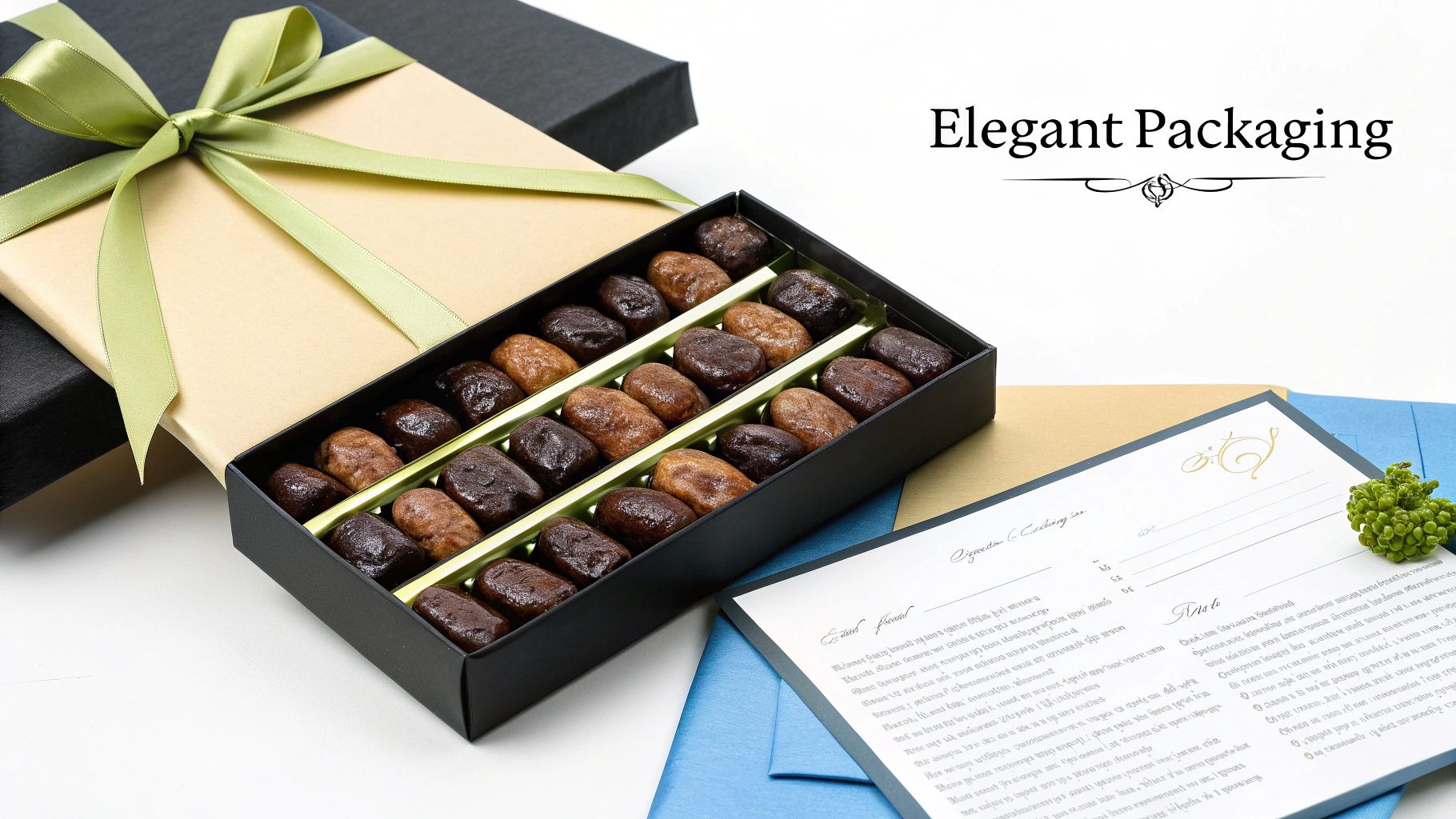An elegant open gift box displays rows of dark and light brown chocolates, beside a ribboned box.