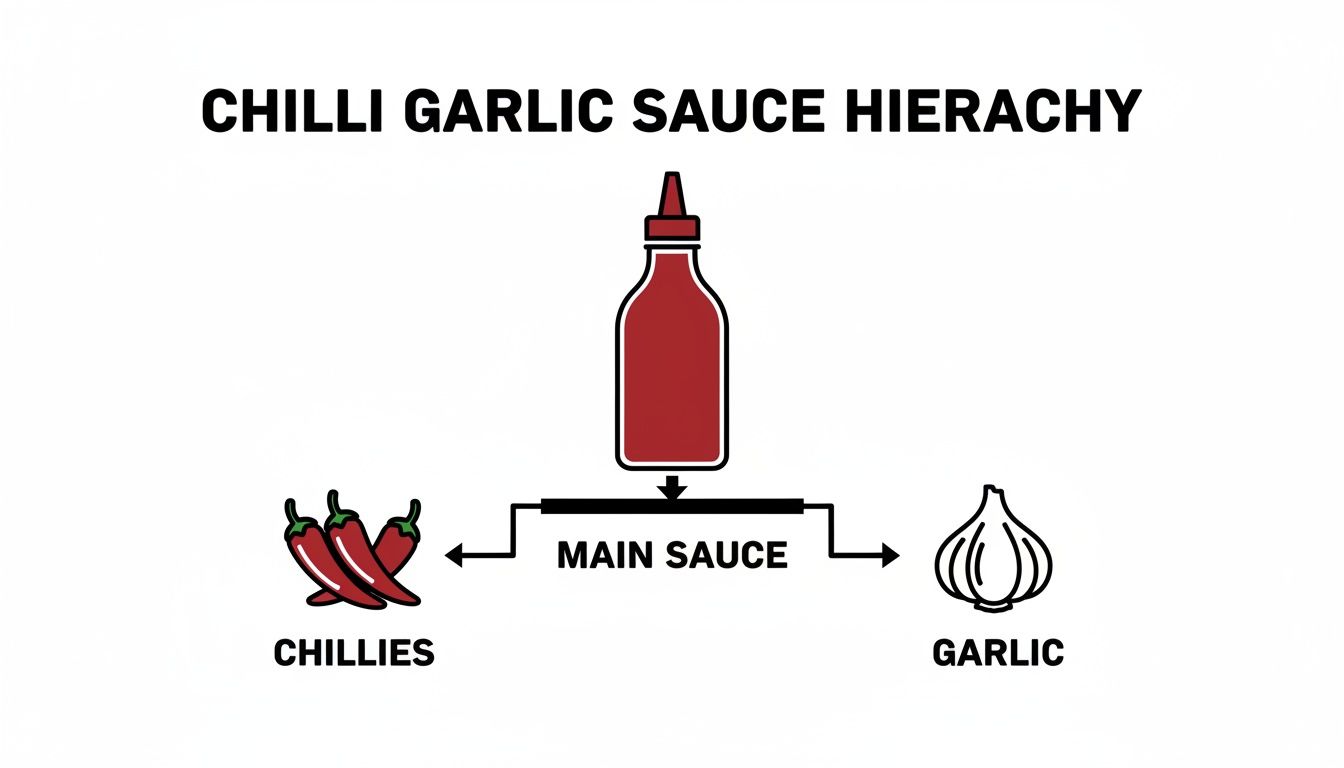 A diagram illustrating the chilli garlic sauce hierarchy, showing chillies and garlic as main ingredients.