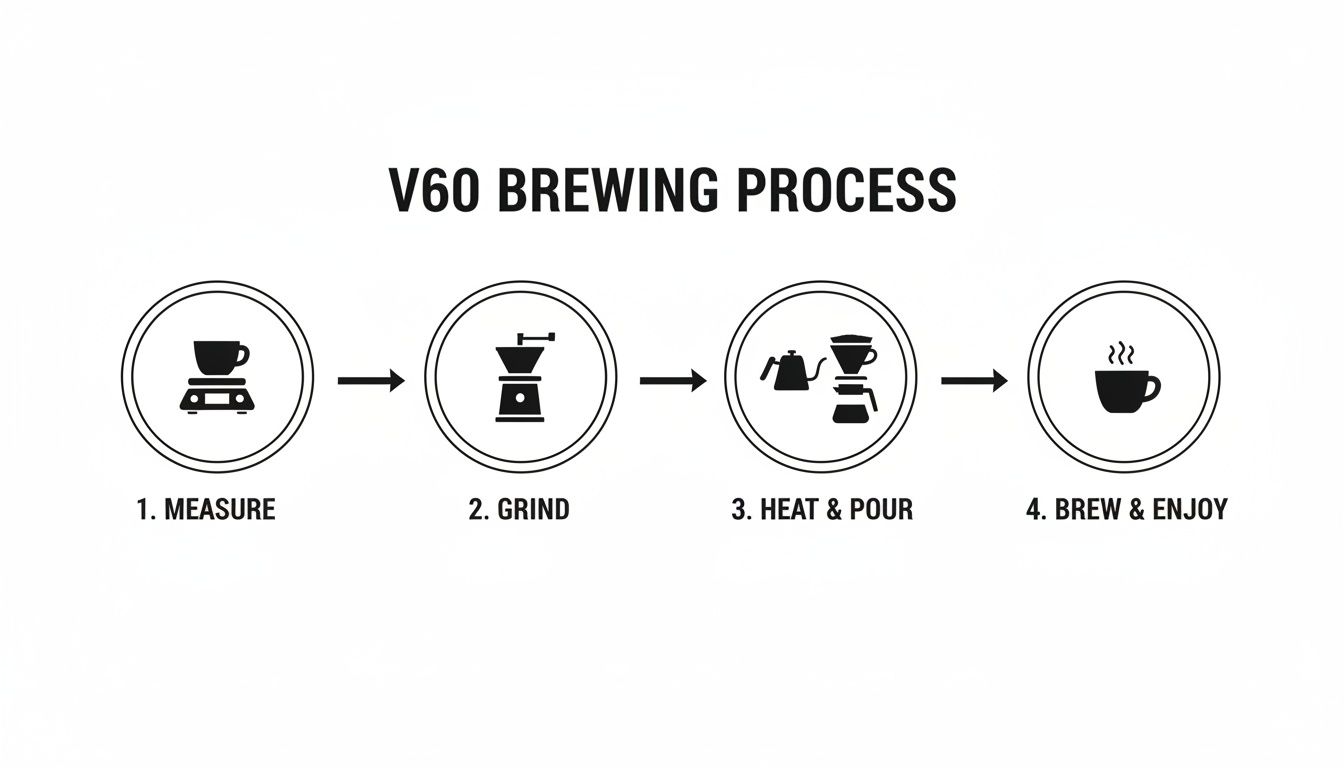 A four-step visual guide showing the V60 coffee brewing process with icons and text.