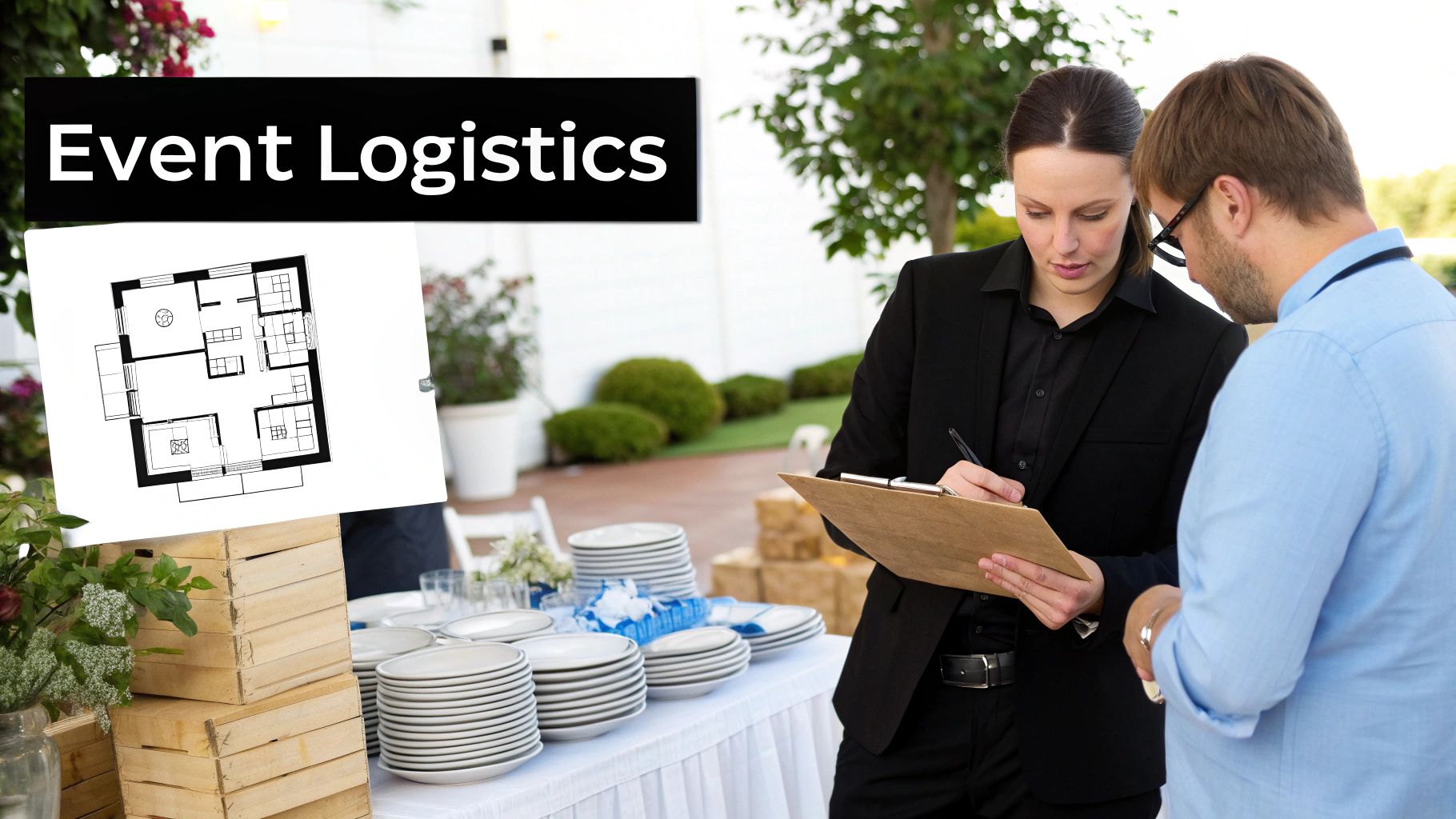 An event planner and a client discuss logistics with a floor plan and catering setup.