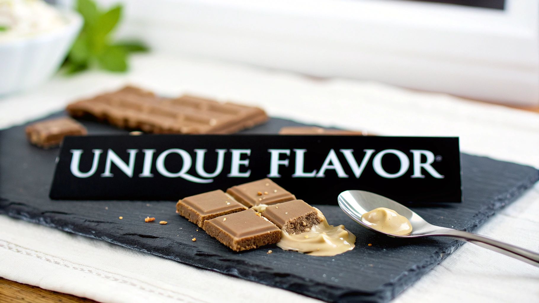 Pieces of milk chocolate with creamy filling and a spoon on a black slate with a 'UNIQUE FLAVOR' sign.