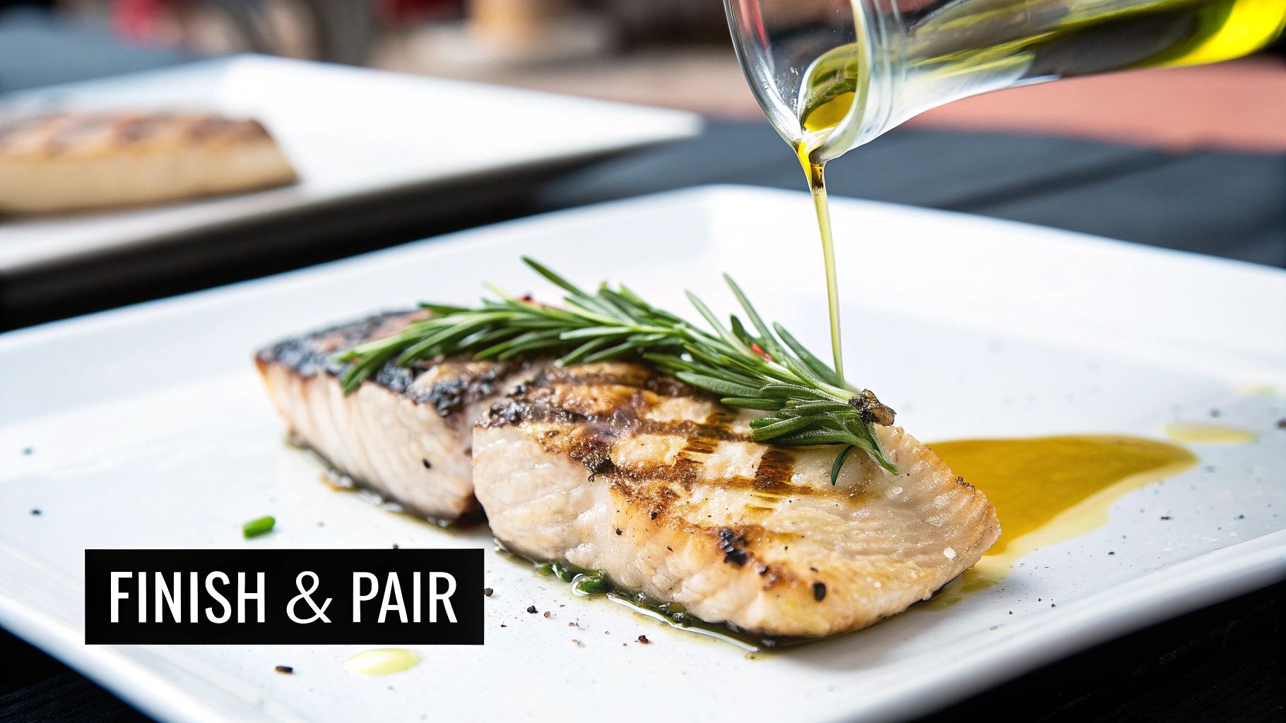 Pouring virgin olive oil into a bowl of salad with other ingredients on a wooden table.
