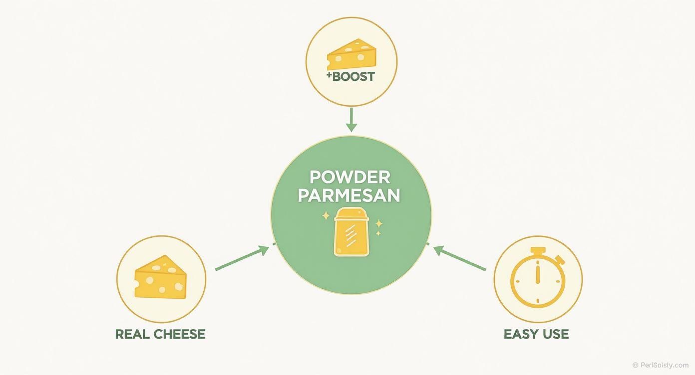 A diagram illustrating the benefits of Powder Parmesan: boost, real cheese, and easy use.
