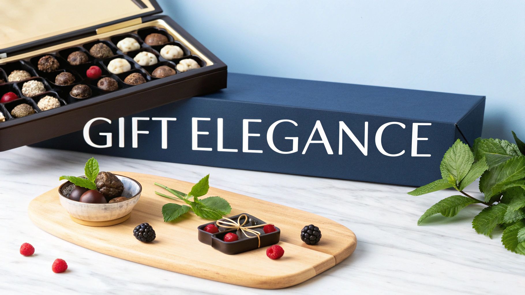 An open box of assorted chocolates and a blue gift box with 'Gift Elegance' on a marble table.