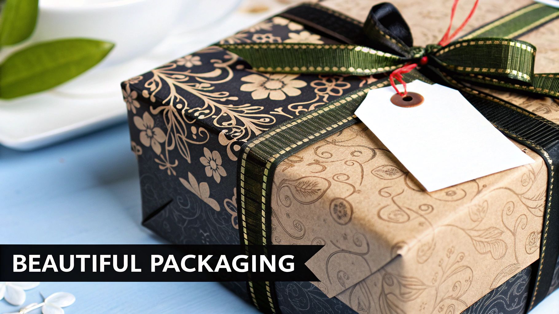 Elegantly wrapped gift with floral patterns, black and green ribbon, and a blank tag. "BEAUTIFUL PACKAGING" text overlay. Calm setting.