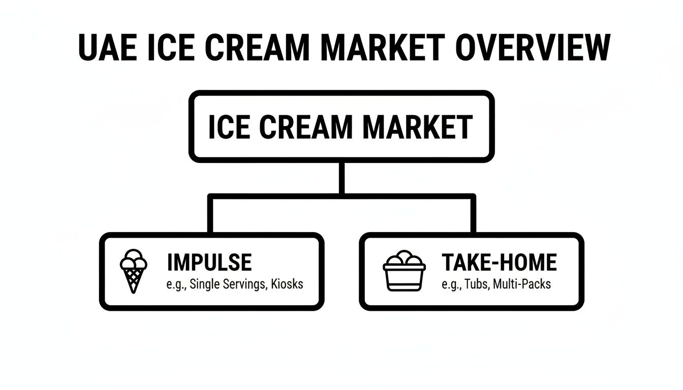 A diagram outlining the UAE ice cream market, segmented into Impulse (single servings, kiosks) and Take-Home (tubs, multi-packs).