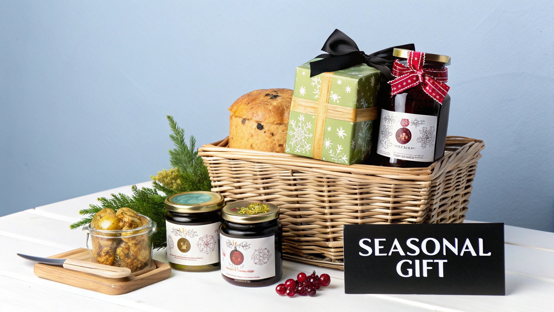 A festive gift hamper filled with panettone, jars of preserves, and a wrapped present, with a 'Seasonal Gift' sign.