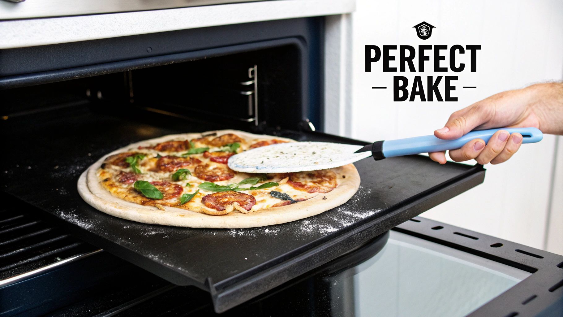 A hand uses a pizza peel to remove a freshly baked pepperoni and basil pizza from an oven.