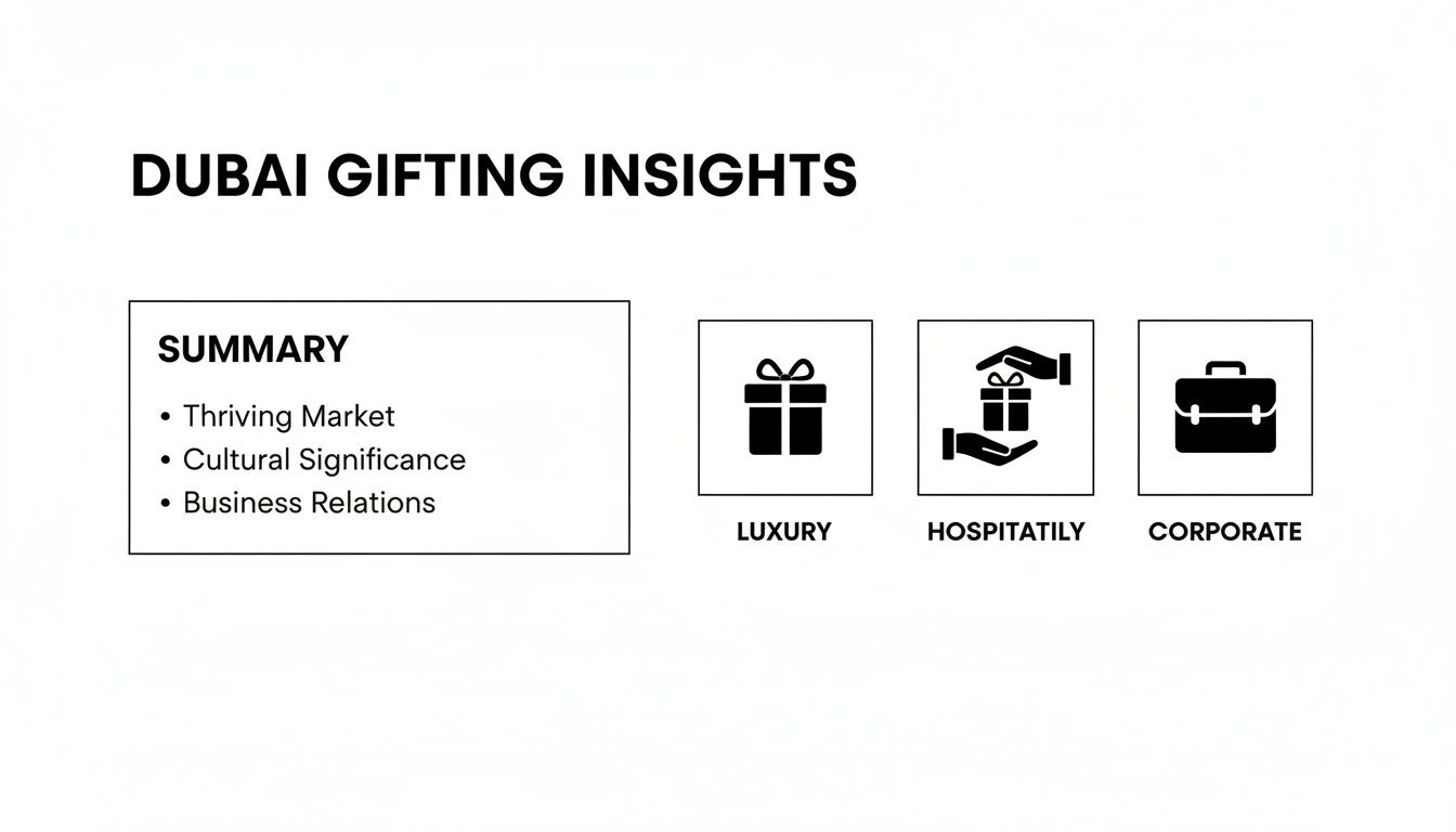 Dubai gifting insights summary with points on market, culture, business relations, and categories like luxury, hospitality, corporate.