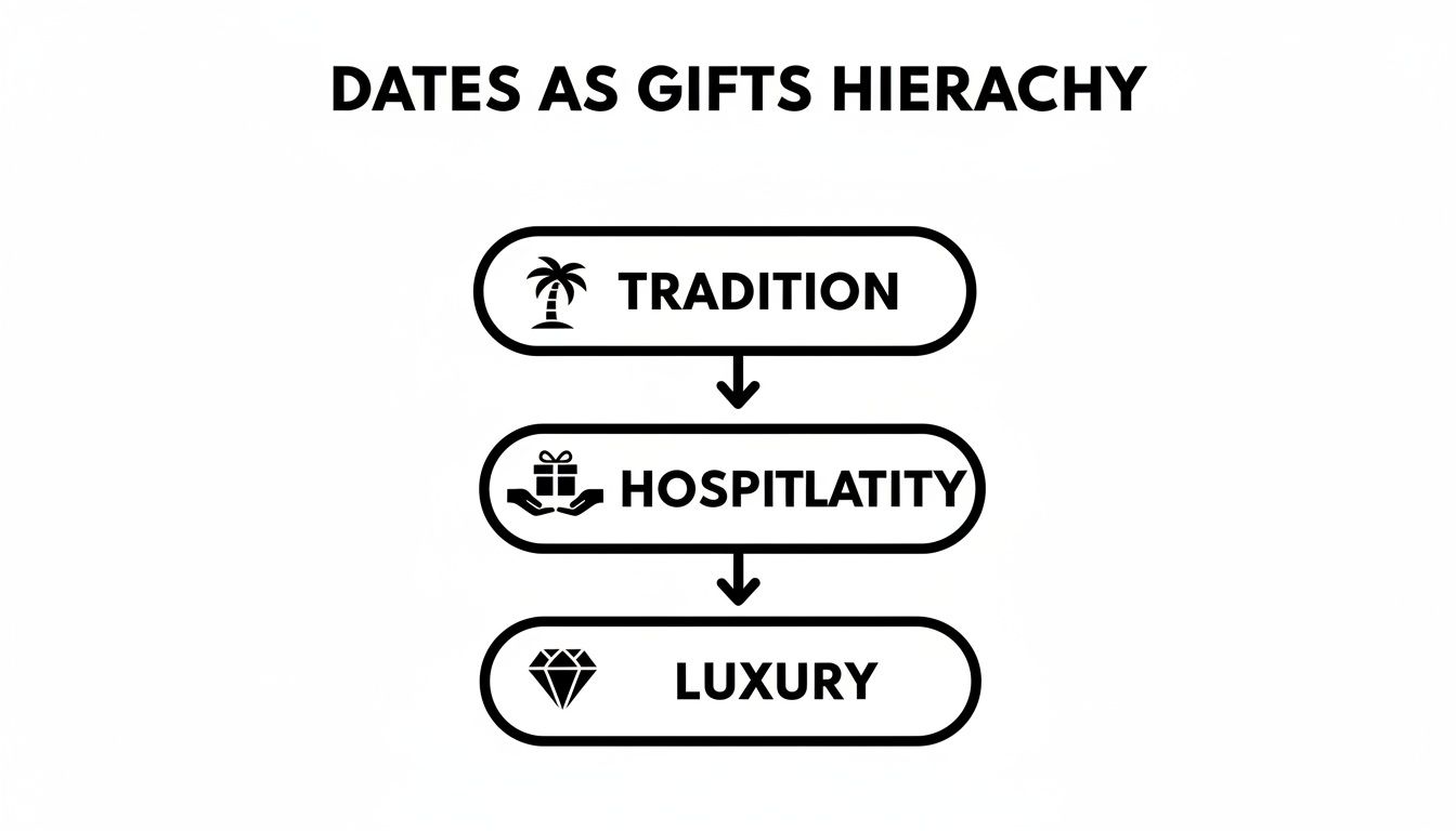A hierarchy chart illustrating dates as gifts: Tradition, Hospitality, and Luxury, with corresponding icons.