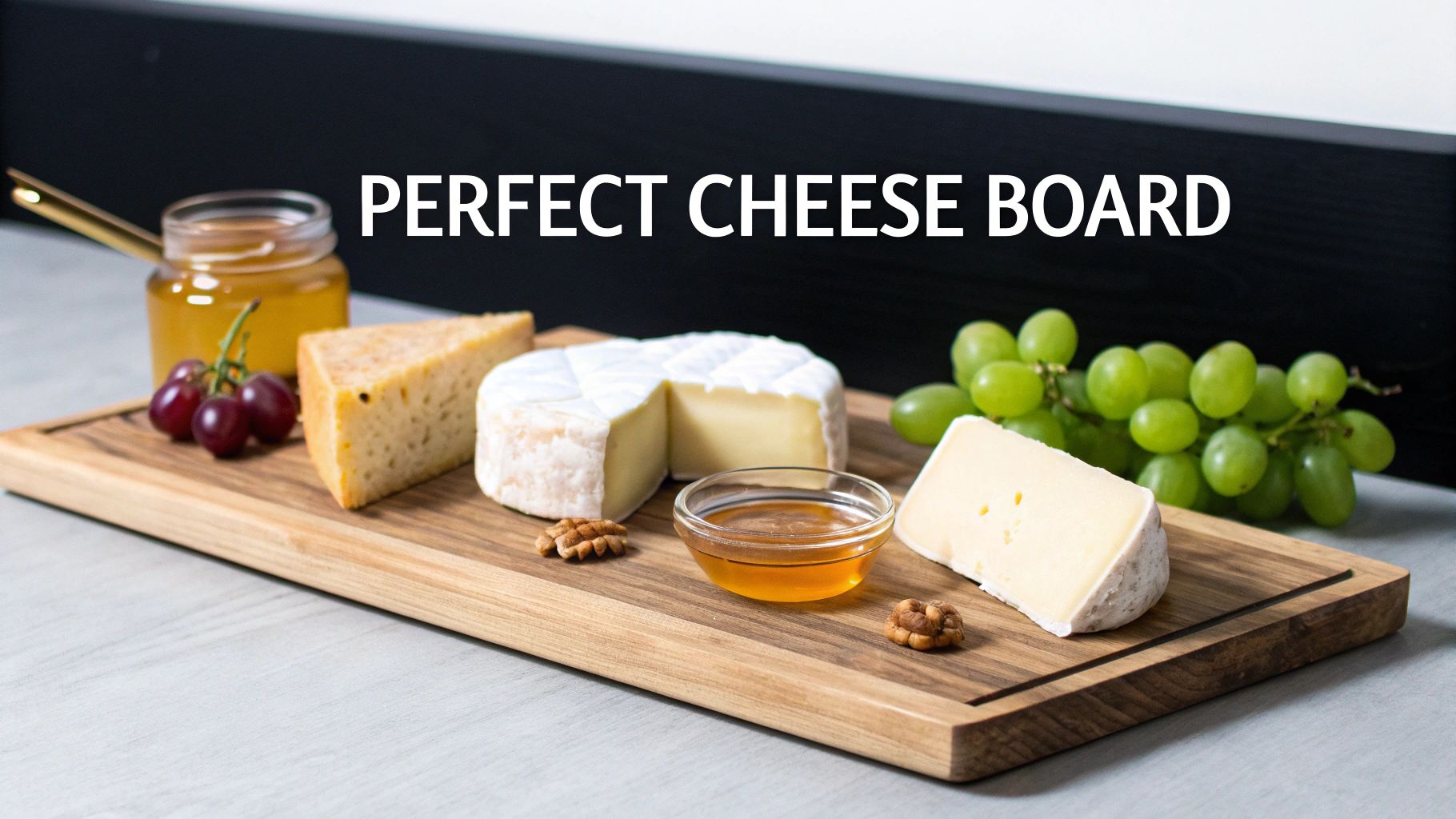 A delicious perfect cheese board with different cheeses, grapes, honey, and walnuts.