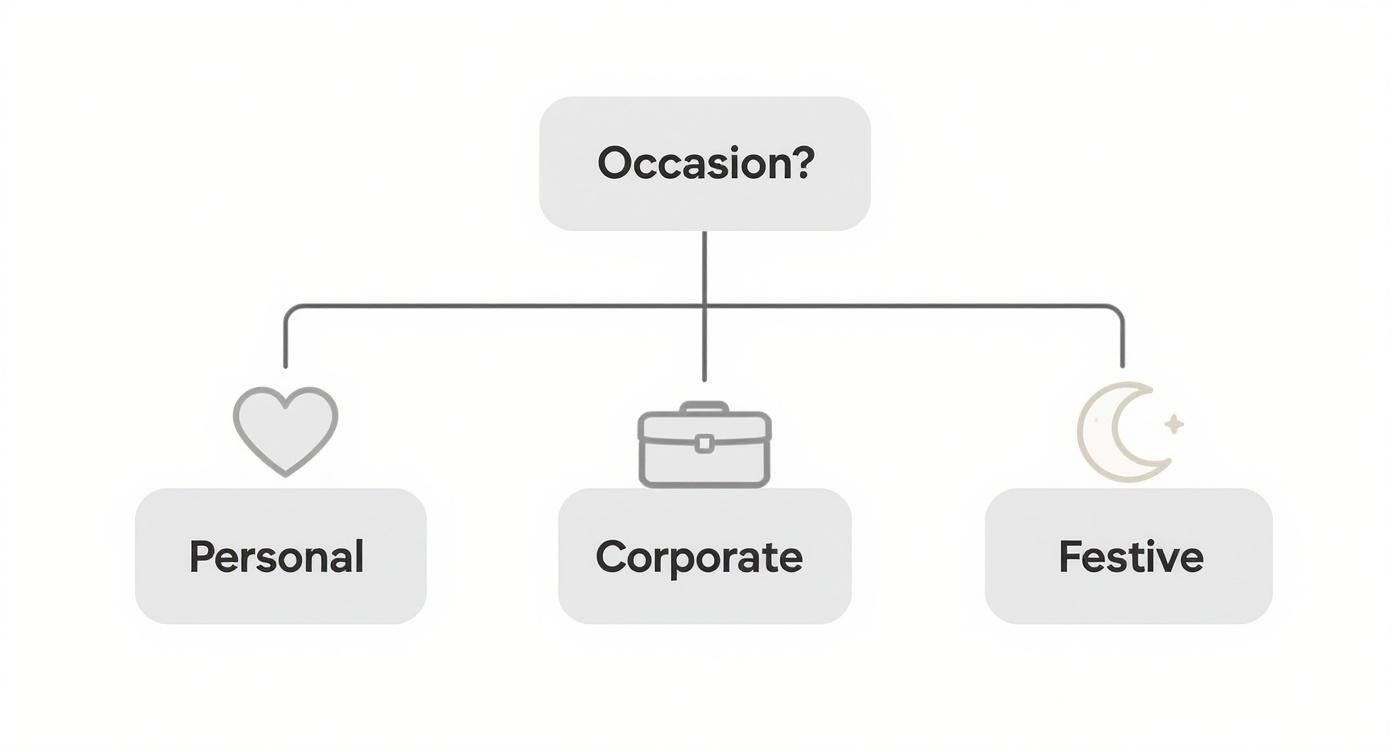 A flowchart asking 'Occasion?' with three options: Personal (heart icon), Corporate (briefcase icon), and Festive (moon and star icon).
