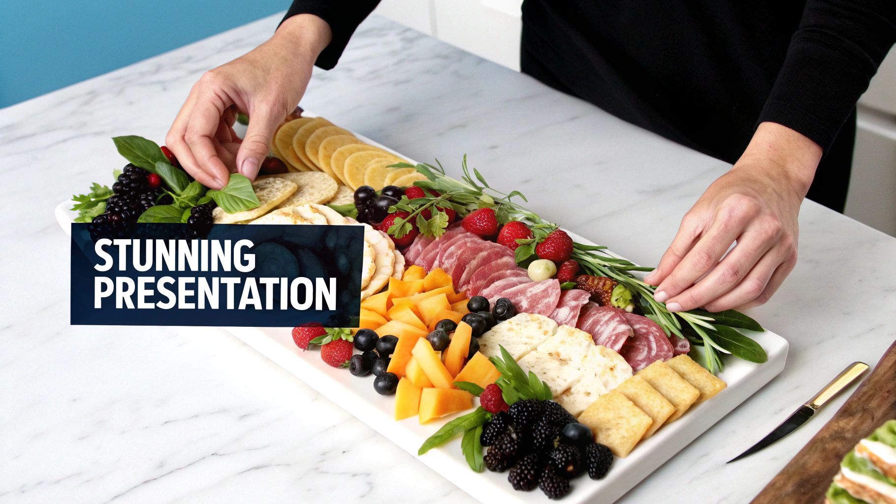 A visually stunning cheese board styled with fruits, nuts, and meats