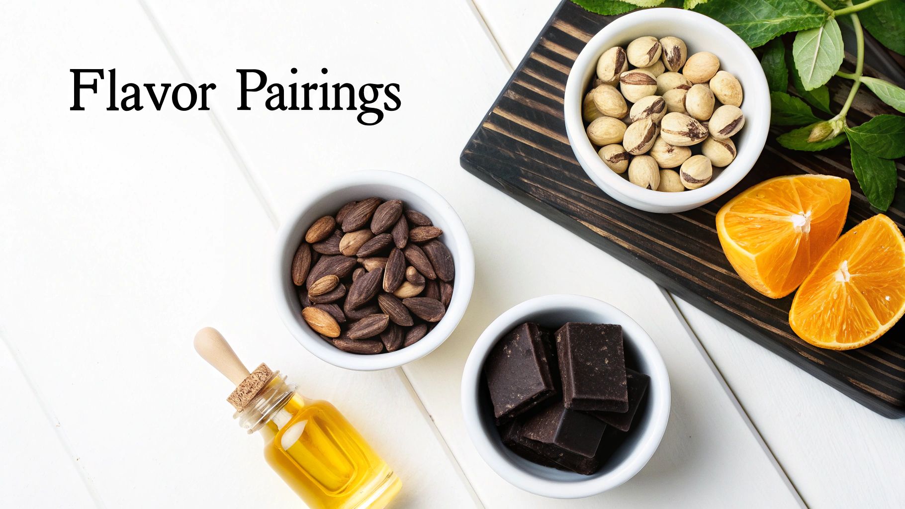 A bowl of pistachios and other nuts next to a bottle of orange blossom water.