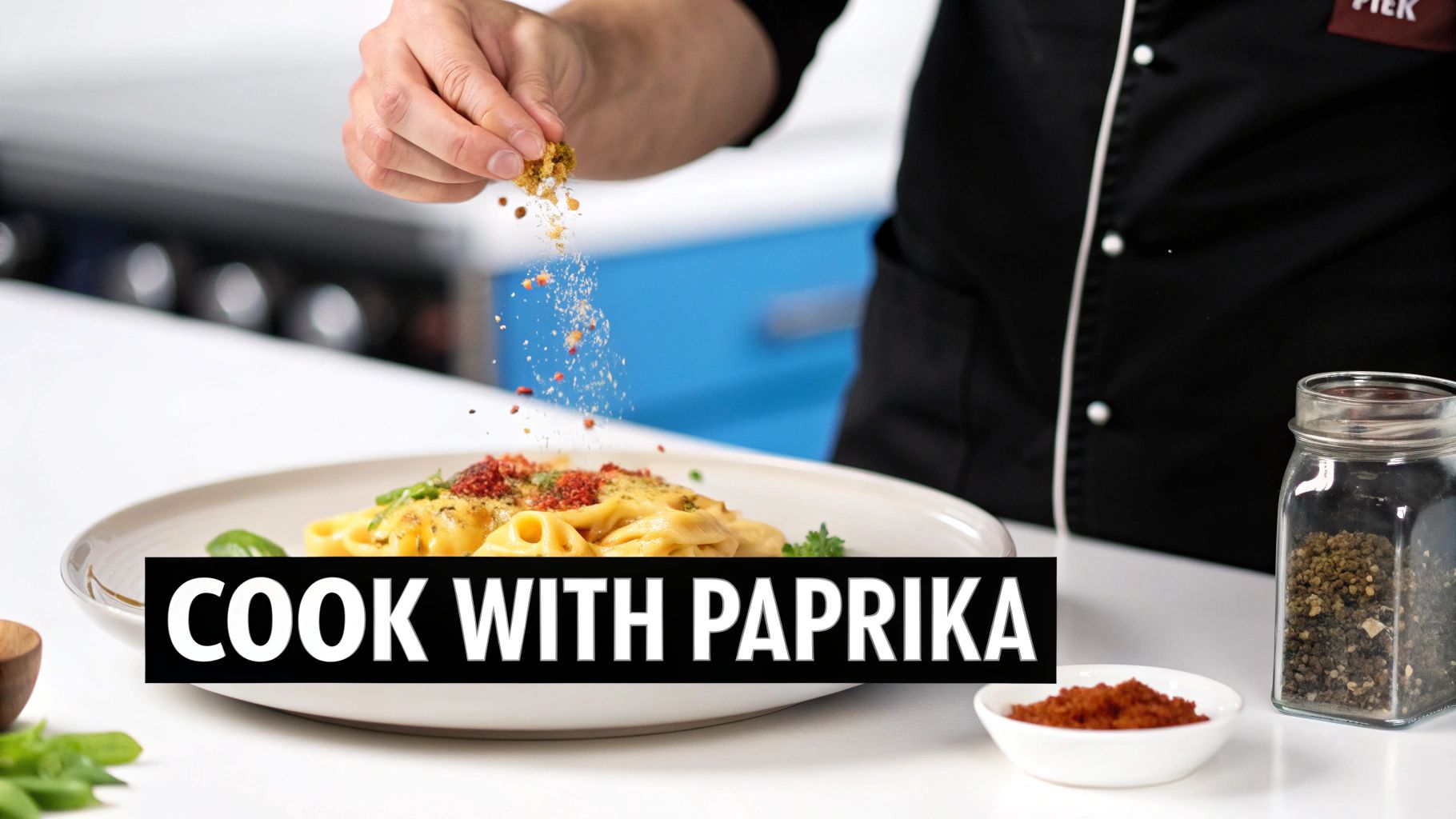 A chef sprinkles seasoning onto a plate of creamy pasta, with 'COOK WITH PAPRIKA' text.