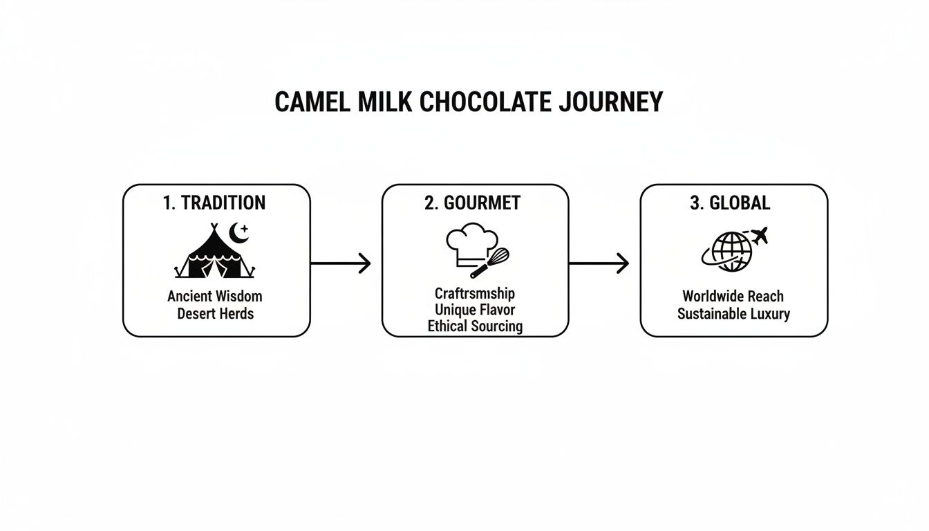 A diagram illustrating the three-step camel milk chocolate journey: Tradition, Gourmet, and Global stages.