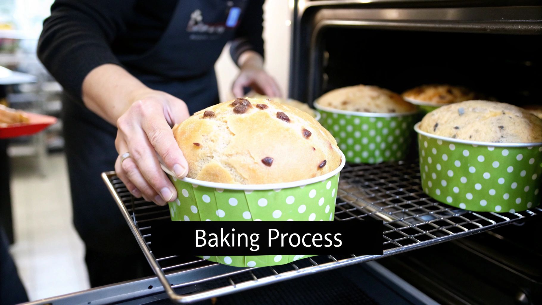Hand placing bread in oven on rack. Green polka dot molds, warm kitchen setting. Text reads: Baking Process. Cozy and inviting mood.