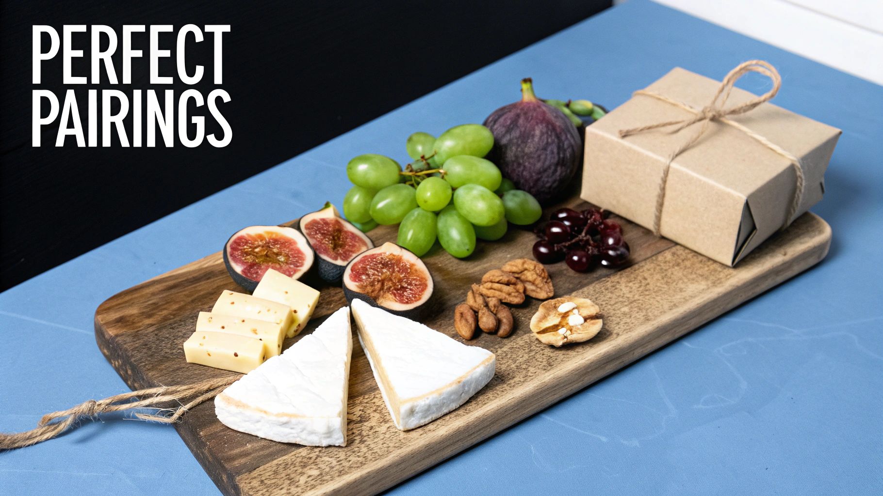 Elegant charcuterie board featuring cheeses, fresh fruit, nuts, and a small gift box.