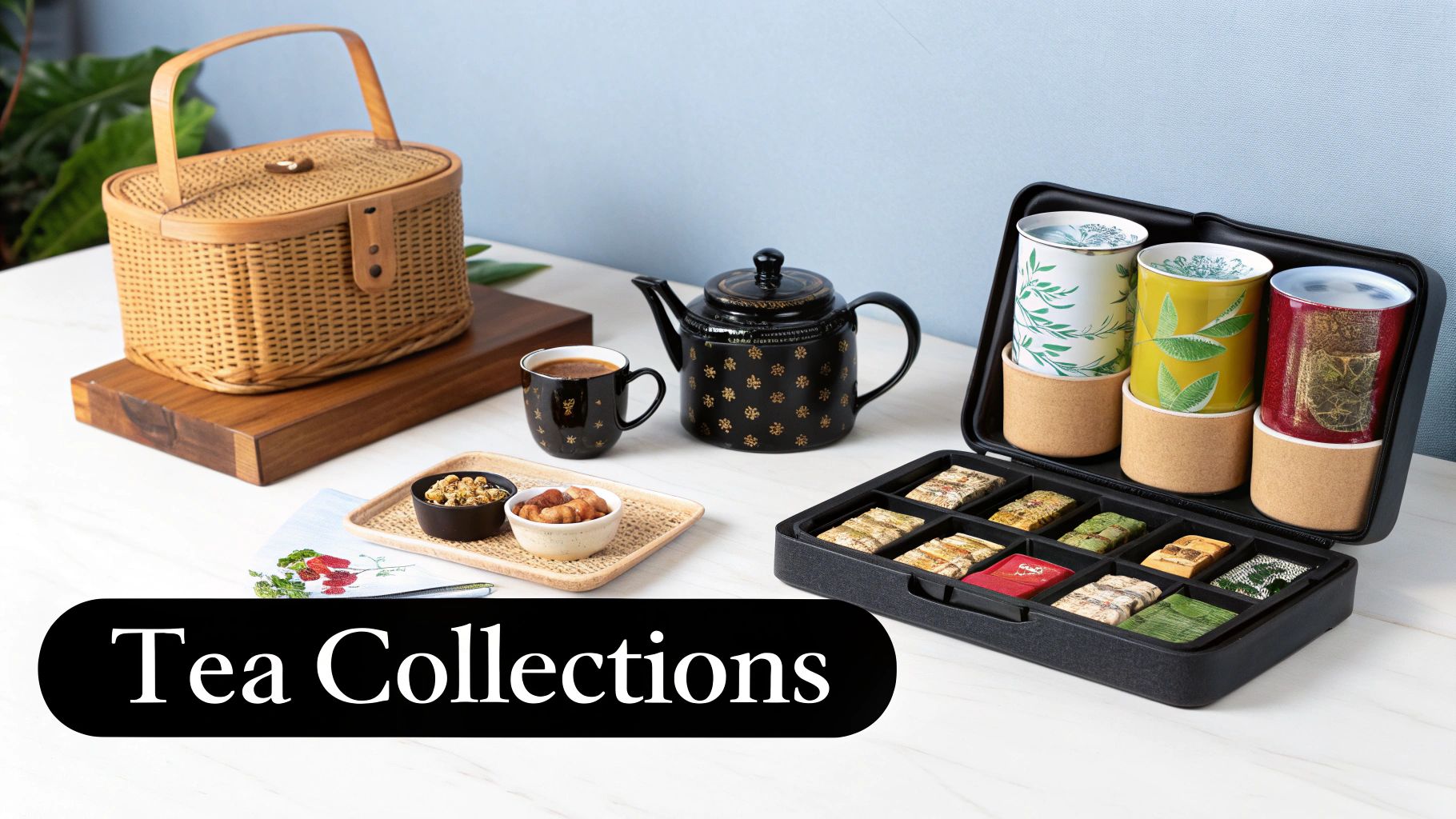A beautiful assortment of teas, a teapot, and cups arranged on a wooden surface.