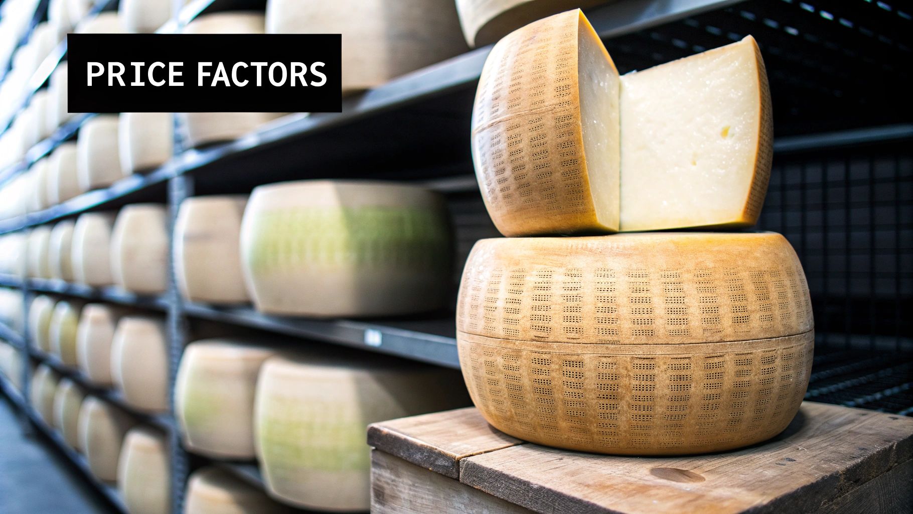 Parmigiano Reggiano cheese wheels aging on shelves, with one cut wheel in the foreground and 'PRICE FACTORS' text overlay.