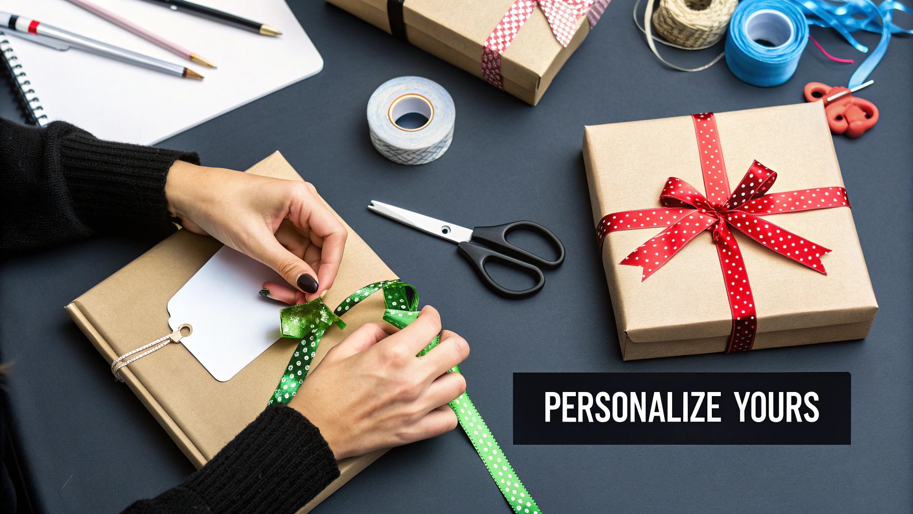 Hands tying a green ribbon on a brown gift box. Scissors, pens, and wrapped presents are nearby. Text reads "PERSONALIZE YOURS."