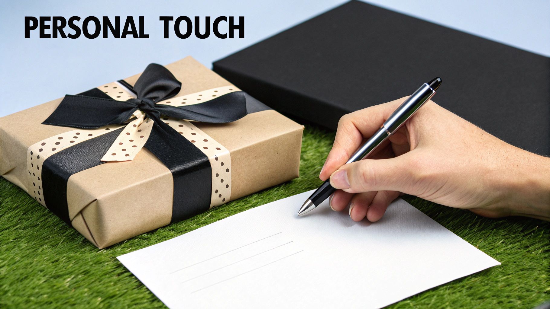 Hand writing on note card next to a gift wrapped in brown paper with black polka dot ribbon. "Personal Touch" text above. Grass background.