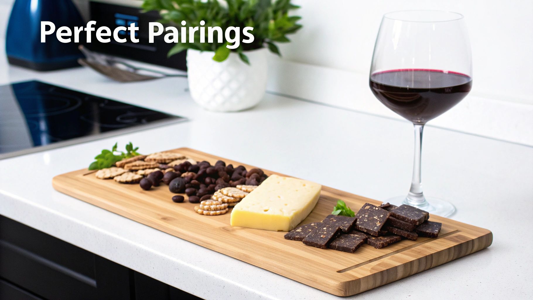 Wooden charcuterie board with cheese, crackers, chocolate, grapes and red wine glass