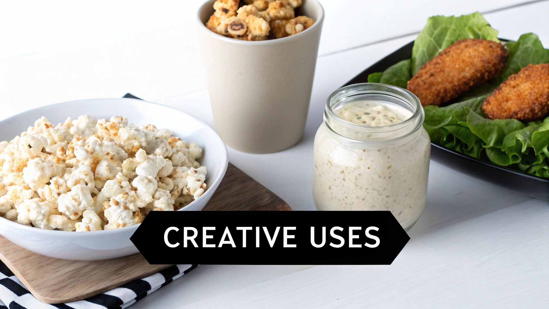 A variety of creative food dishes including seasoned popcorn, snacks, creamy sauce, and breaded items on a white table.