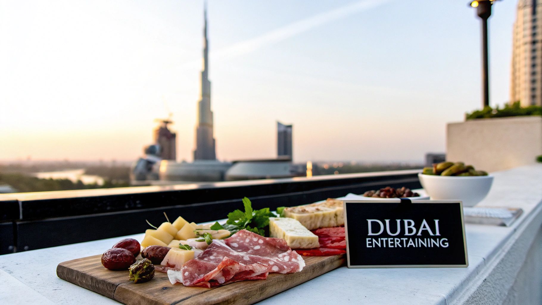 A charcuterie board with cheeses, cured meats, and fruits on a rooftop overlooking Dubai at sunset.