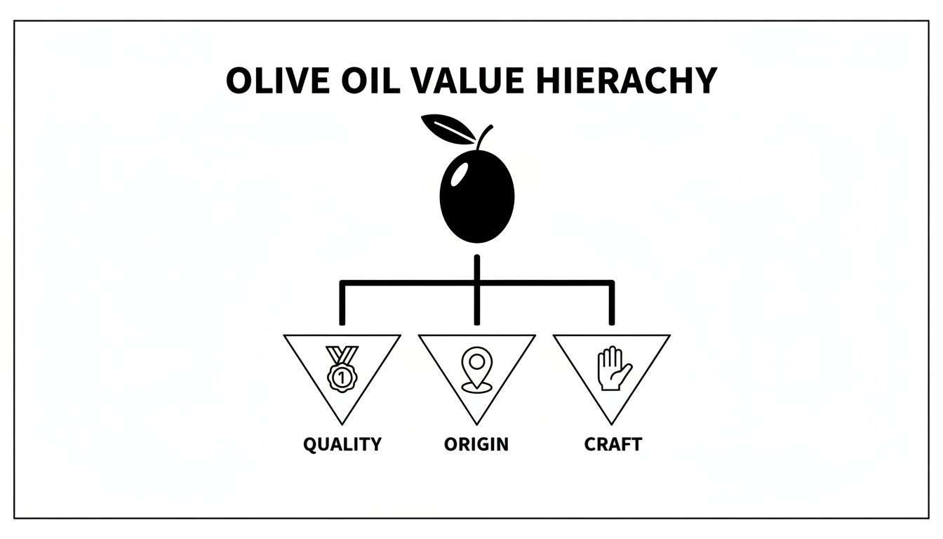 A diagram illustrating the olive oil value hierarchy, showing quality, origin, and craft.