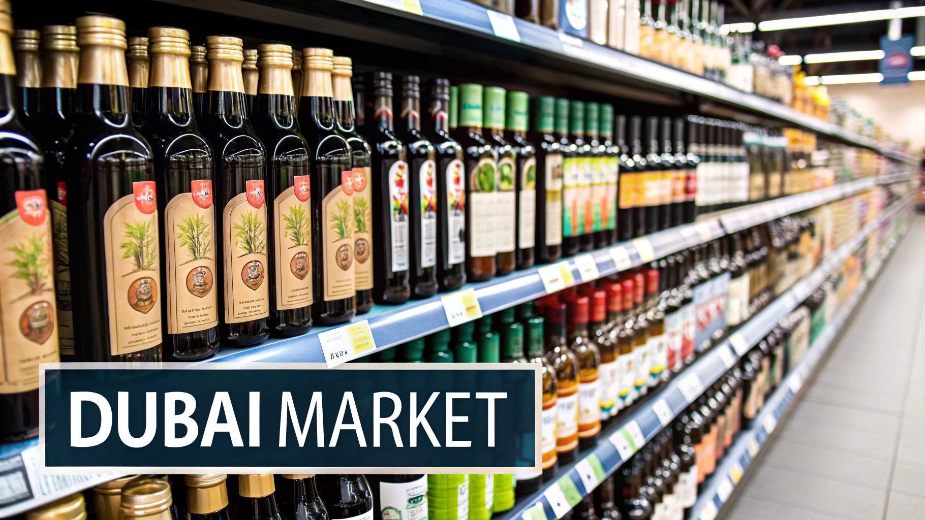 Market aisle with rows of bottles on shelves. Prominent "Dubai Market" text in the foreground. Bright, organized setting.