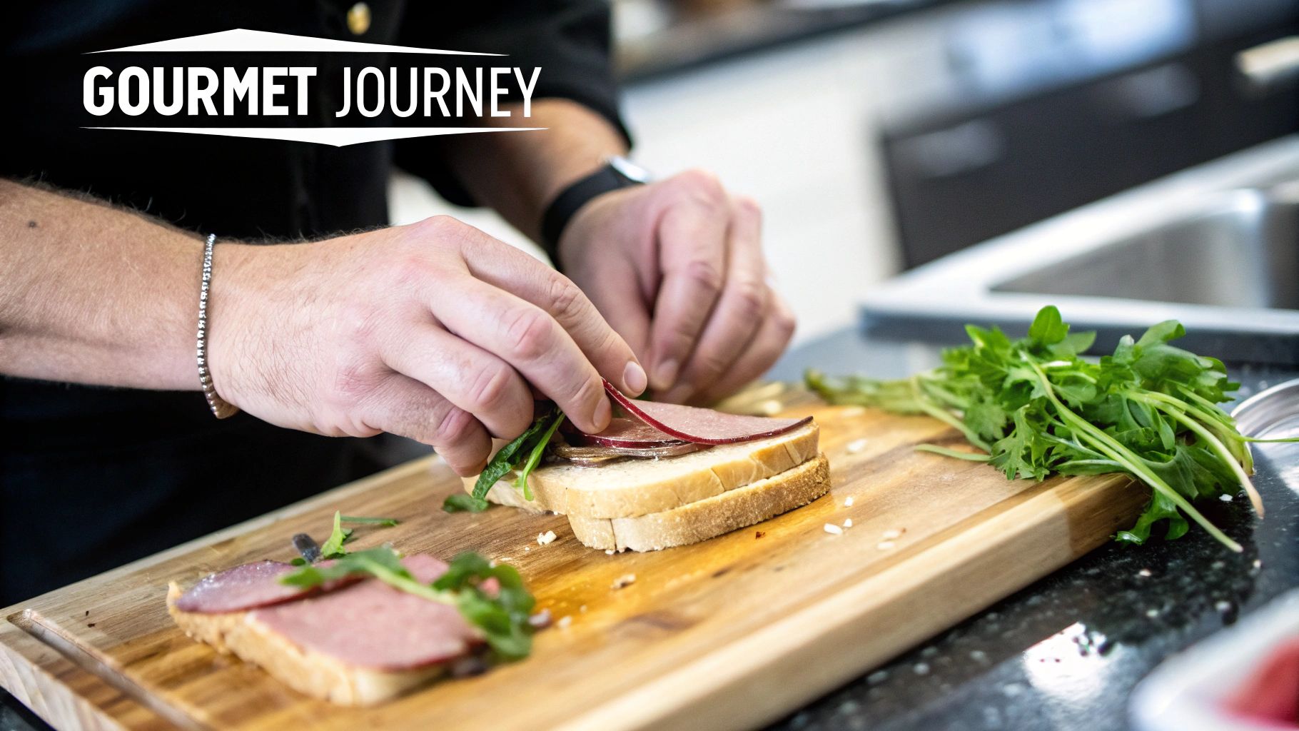 A chef's hands carefully assembling a cold cut sandwich with fresh greens on a wooden board.