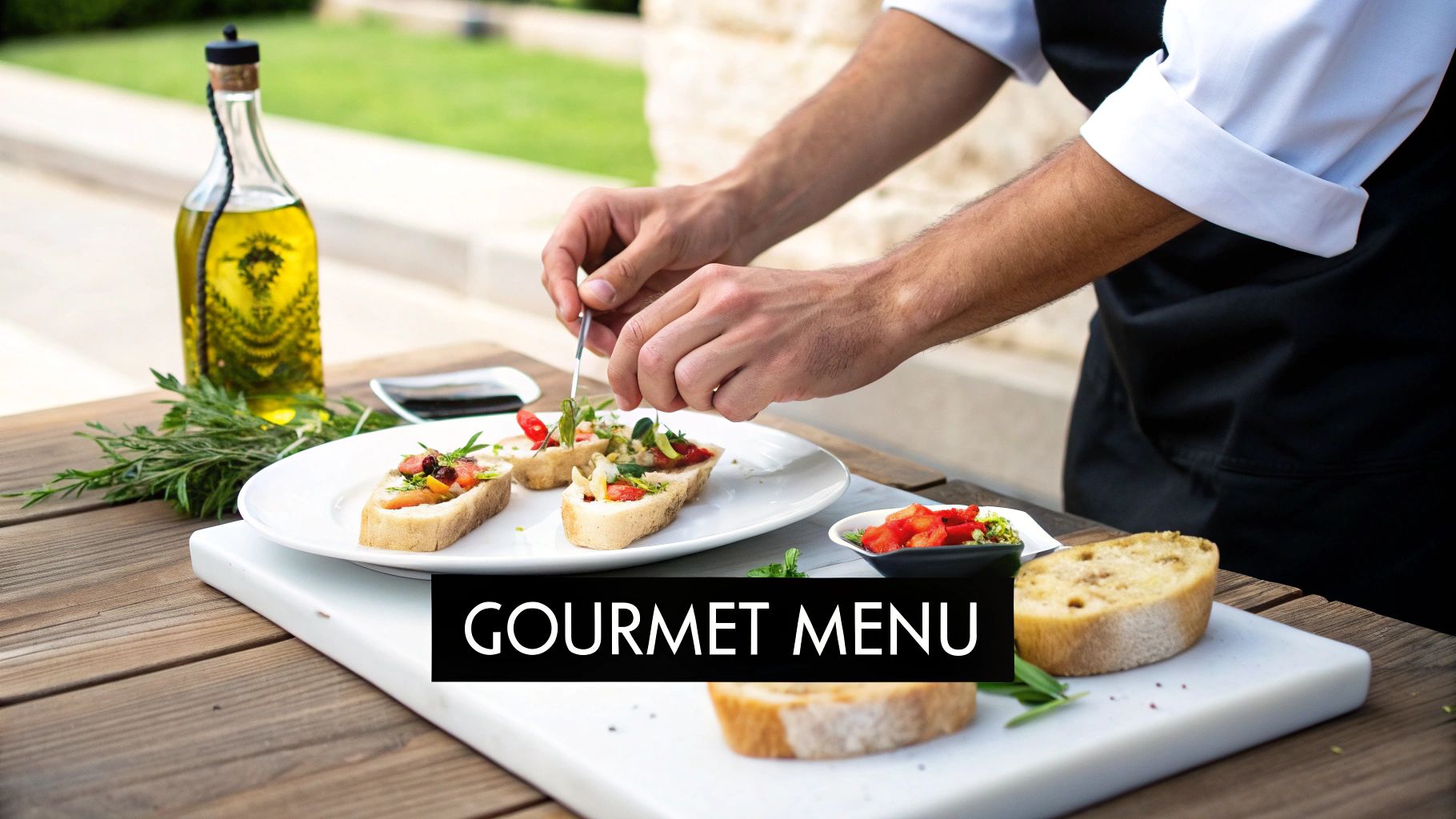 A chef meticulously garnishes gourmet appetizers on a wooden table with olive oil and fresh herbs, perfect for catering.
