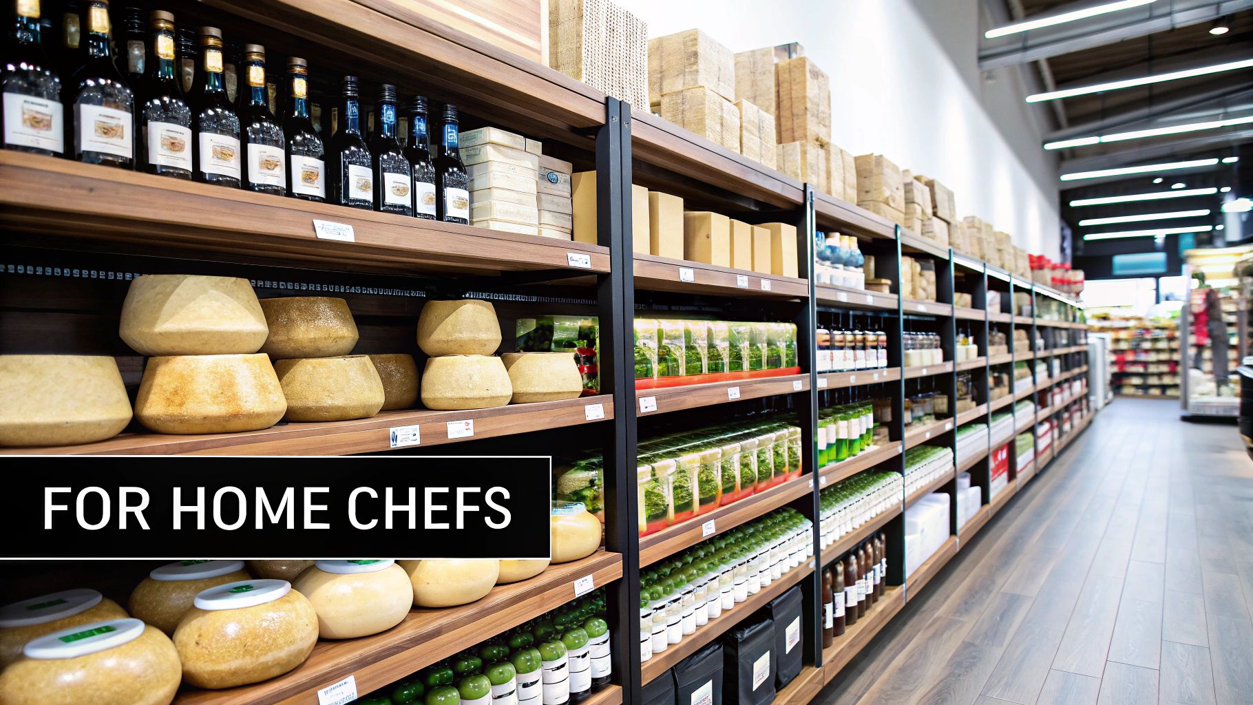 A gourmet grocery store aisle with shelves stocked with bottles, cheeses, and various food products.